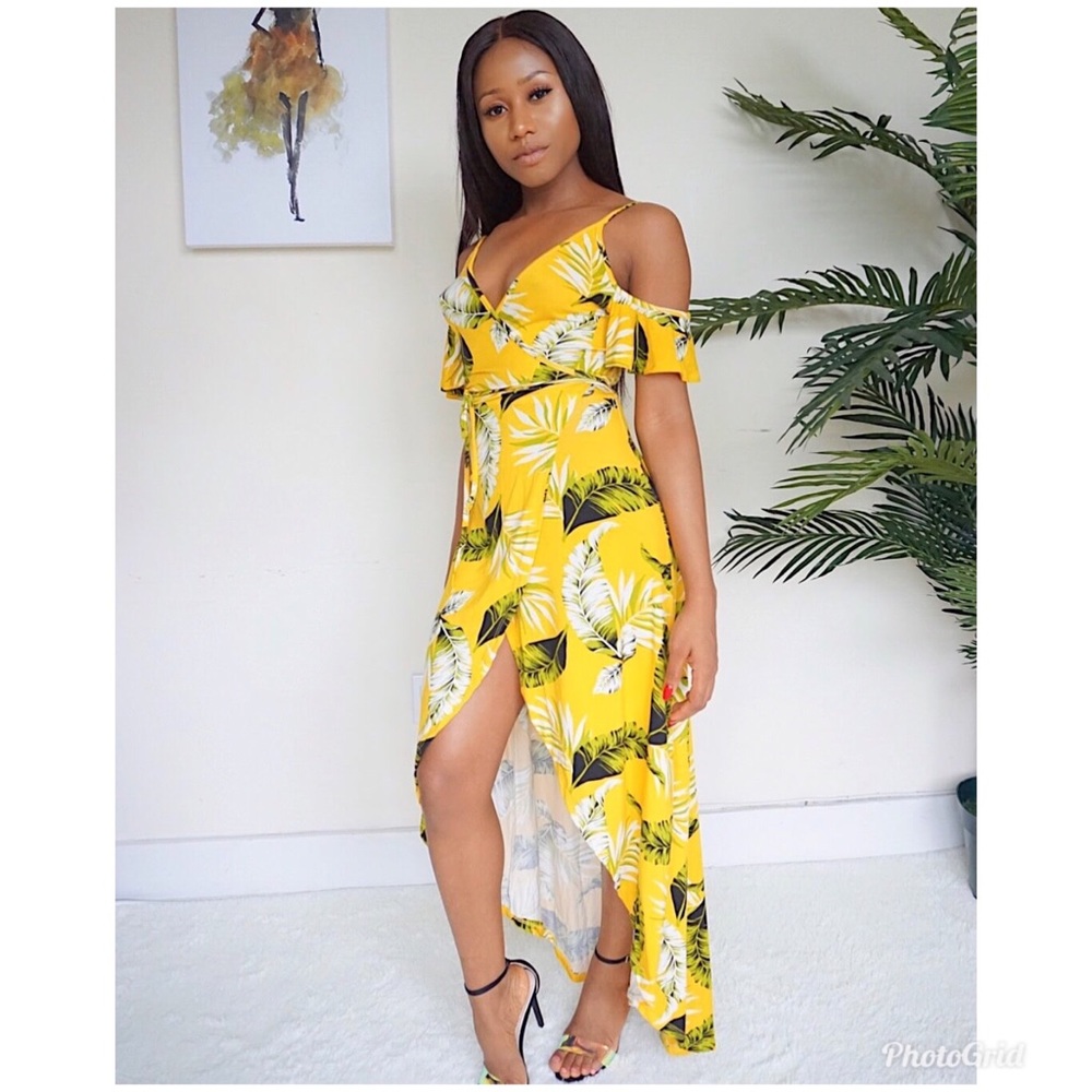 Floral yellow wrap maxi high low summer dress
